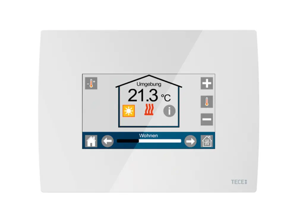 TECE Bedieneinheit für Smart Home mit Touchscreen. Anzeige der Raumtemperatur und Heizstatus. Steuerungselemente für Temperaturregulierung.
